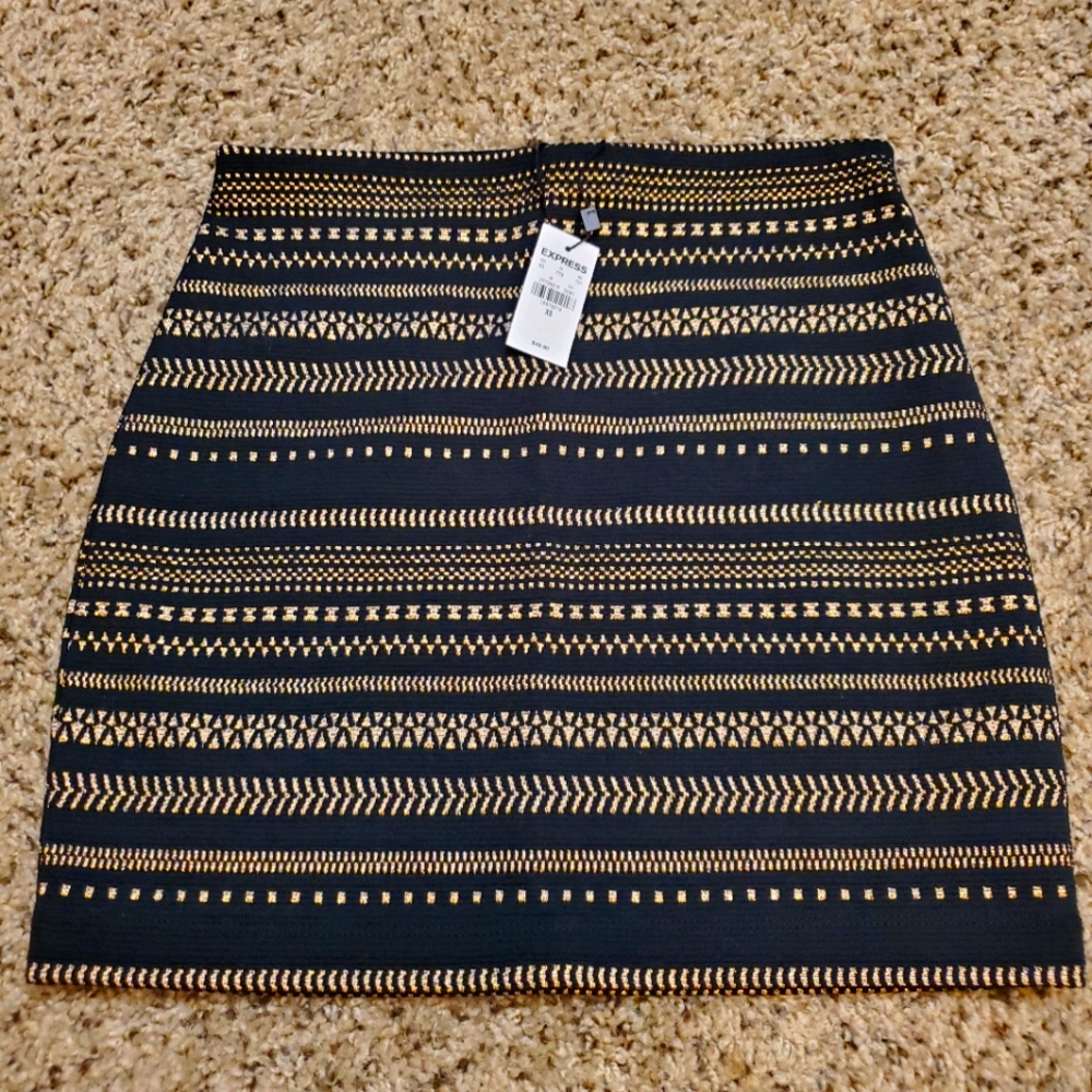 New Express Mini Skirt XS Black Gold Embroidery